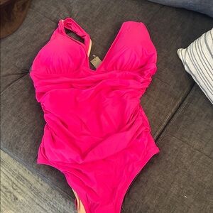 J. CREW One Piece Swimsuit Barbie Hot Pink Ruched Beach Preppy Size 8 10 12 M L